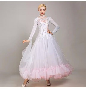 Customized size pink blue yellow competition ballroom dance dresses for girls kids waltz tango foxtrot smooth dance long gown for Children